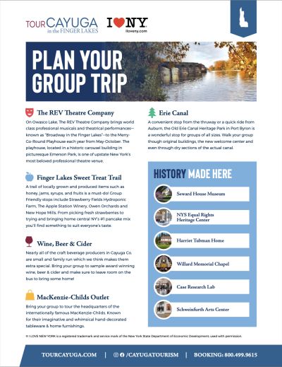 Groups profile sheet pg. 1 - The Rev Theatre Co., The Erie Canal, Mackenzie-Childs, Finger Lakes Sweet Treat Trail, Wine, Beer & Cider