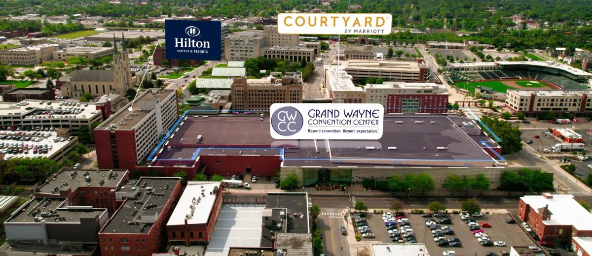 Skyview showing the Hilton and Courtyard Hotels close to the Grand Wayne Center