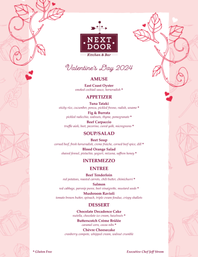 Valentines day themed restaurant menu