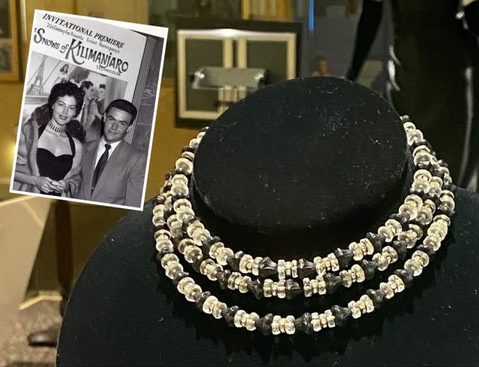 Black and clear beaded necklace Ava Gardner wore to premiere of The Snows of Kilimanjaro with inset image of Ava wearing the necklace at the premiere.