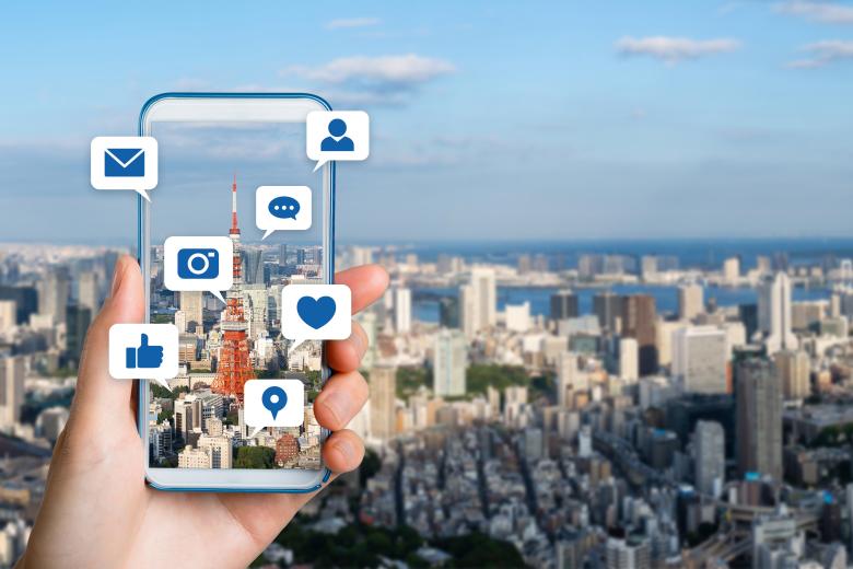 Mobile phone with social media symbols