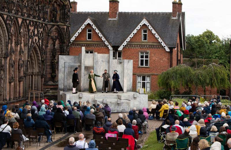 The Lord Chamberlain's Men perform Shakespeare on a stage in front of Lichfield Cathedral, Staffordshire