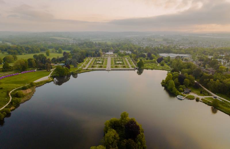 aerial shot of the lake and gardens