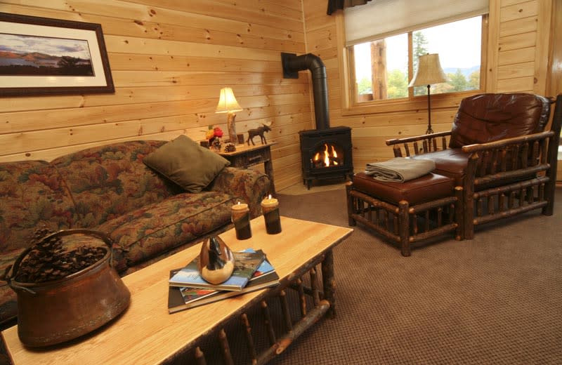 Lodges at Cresthaven living area and wood stove