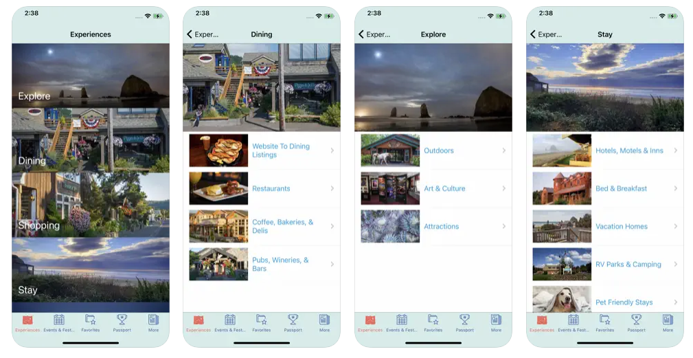 screenshots from the Experience Cannon Beach app on iPhone