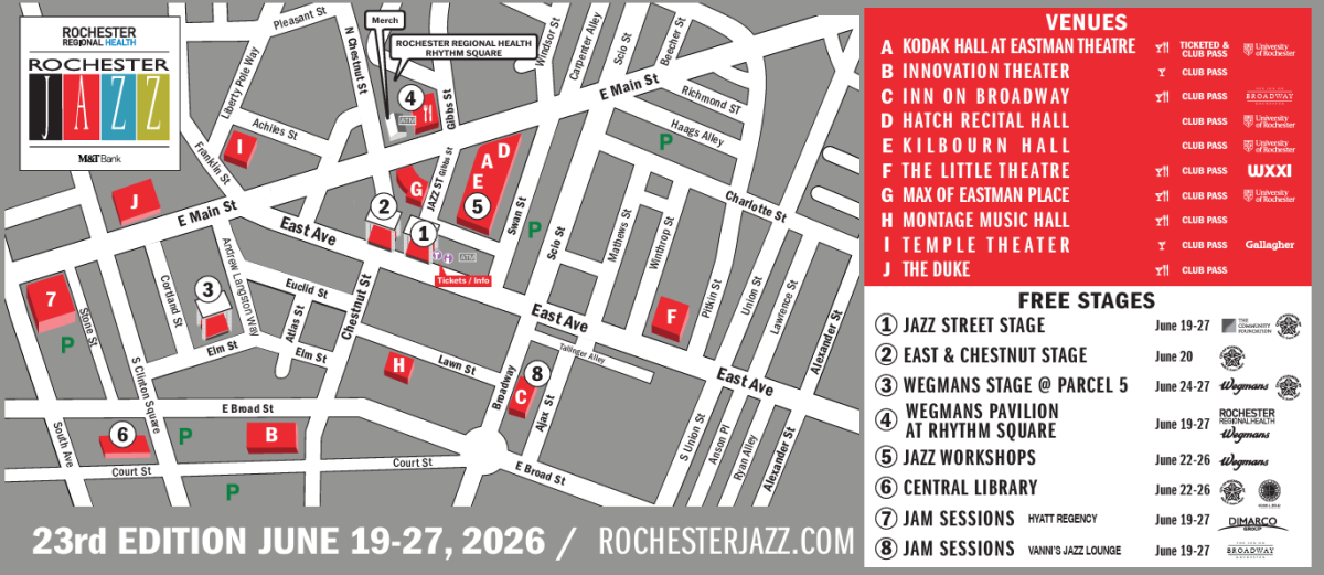 A split image with the left ride containing a map with venue locations pin pointed and the right containing a list of all the stages and venues included in the 2026 festival.
