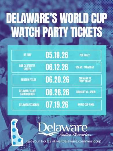 A graphic announcing Delaware's World Cup Watch Party schedule, as found on Visit.Delaware.com/worldcup.