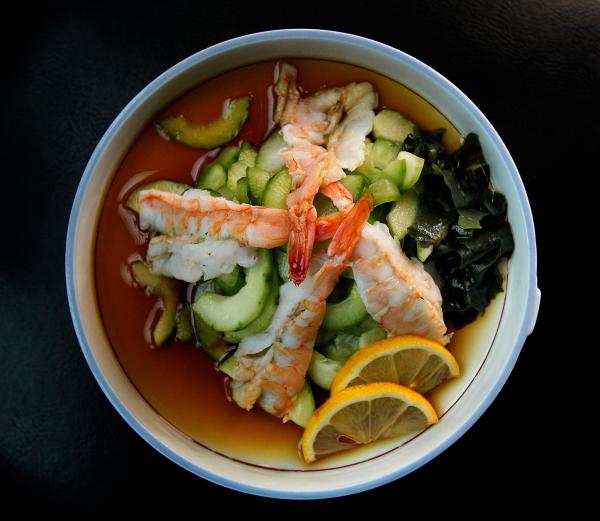 bowl of  Cucumber and Spinach Sunomono with Shrimp from Nakashimas