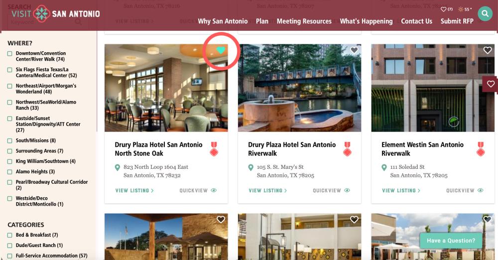 Screenshot of Visit San Antonio hotel listings with heart icon in teal