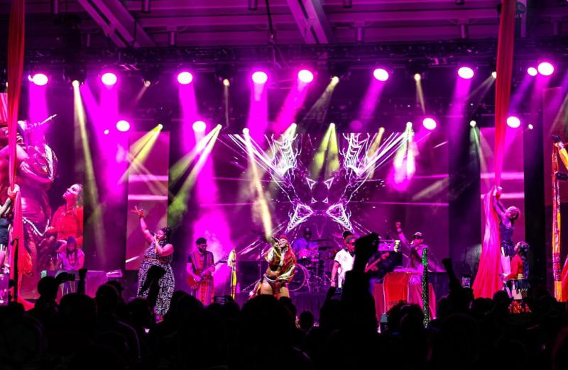 A live concert with bright pink and purple lights fills the stage as performers sing and play instruments before an excited crowd in Fayetteville, NC.