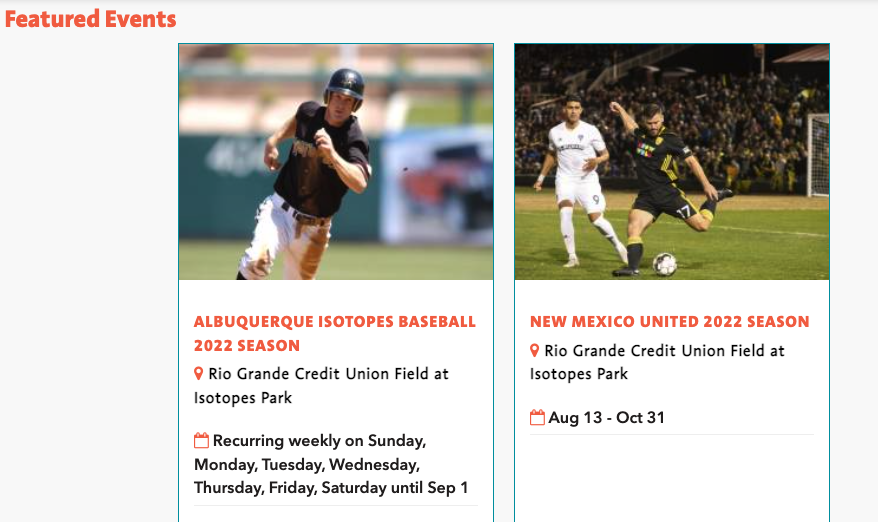 A screenshot from Visit Albuquerque showing two featured events: Albuquerque Isotopes baseball and New Mexico United season