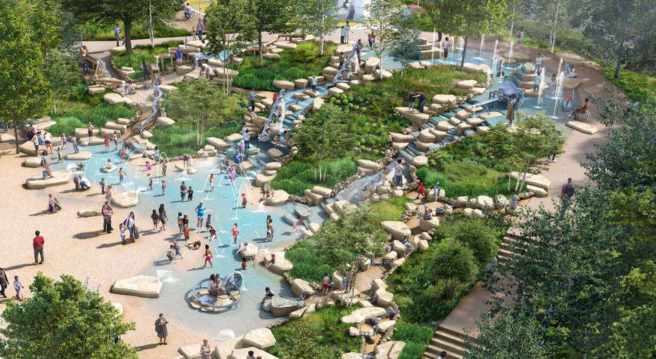 A rendering shows people enjoying the water play area of the new Exploration Place Playscape.