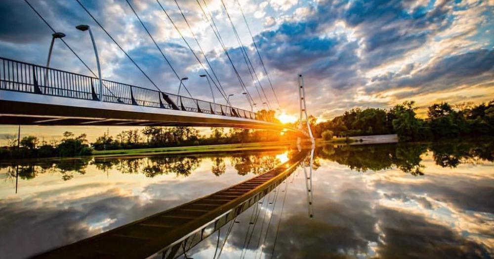 Sunset over Saint Joseph River and Venderly Bridge at Purdue Fort Wayne