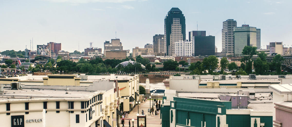 skyline view of Louisiana Boardwalk Outlets shopping destination and downtown Shreveport, La.