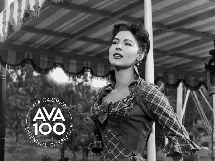 Ava Gardner sings in Show Boat with the Ava 100 logo.