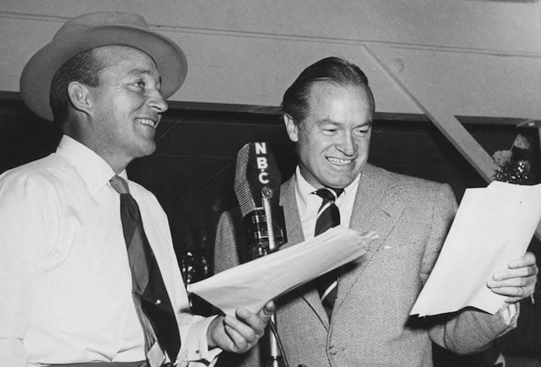 Bing Crosby and Bob Hope share the NBC microphone stationed at the American Legion Post No. 519 in Palm Springs used to broadcast the Kraft Music Hall variety show. PHOTOGRAPHS COURTESY AMERICAN LEGION POST NO. 519