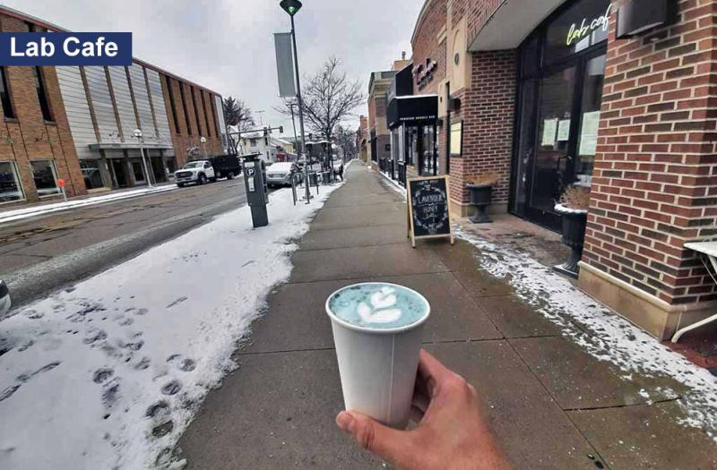 Coffee outside of Lab Cafe Ann Arbor in Winter
