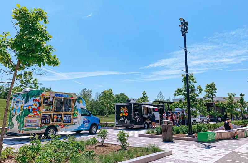 Food trucks lined up at Switchyard Park for Food Truck Friday