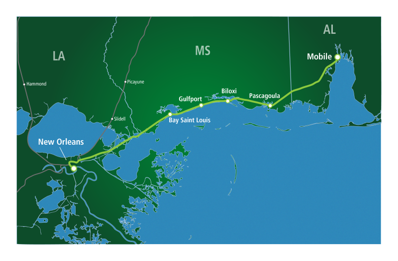 Blue and green map of the Gulf Coast shows Amtrak train route from Mobile through Mississippi to New Orleans