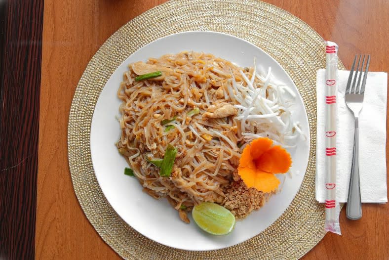 a plate of noodles served at Thai Noodle House on Oak Island