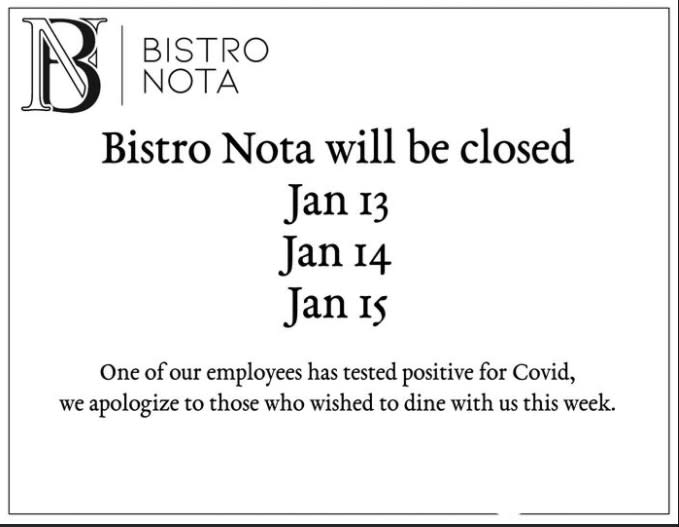 Bistro Nota Temporary Closure