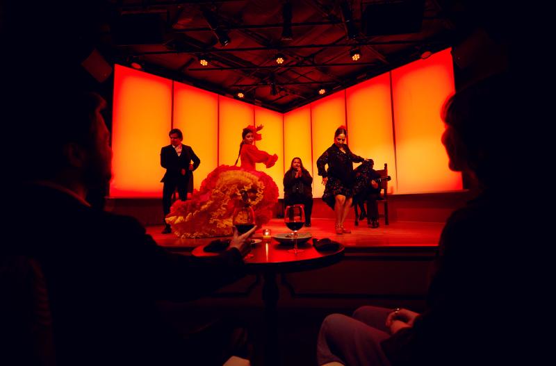 Two people watch a flamenco performance at Tablao Flamenco.