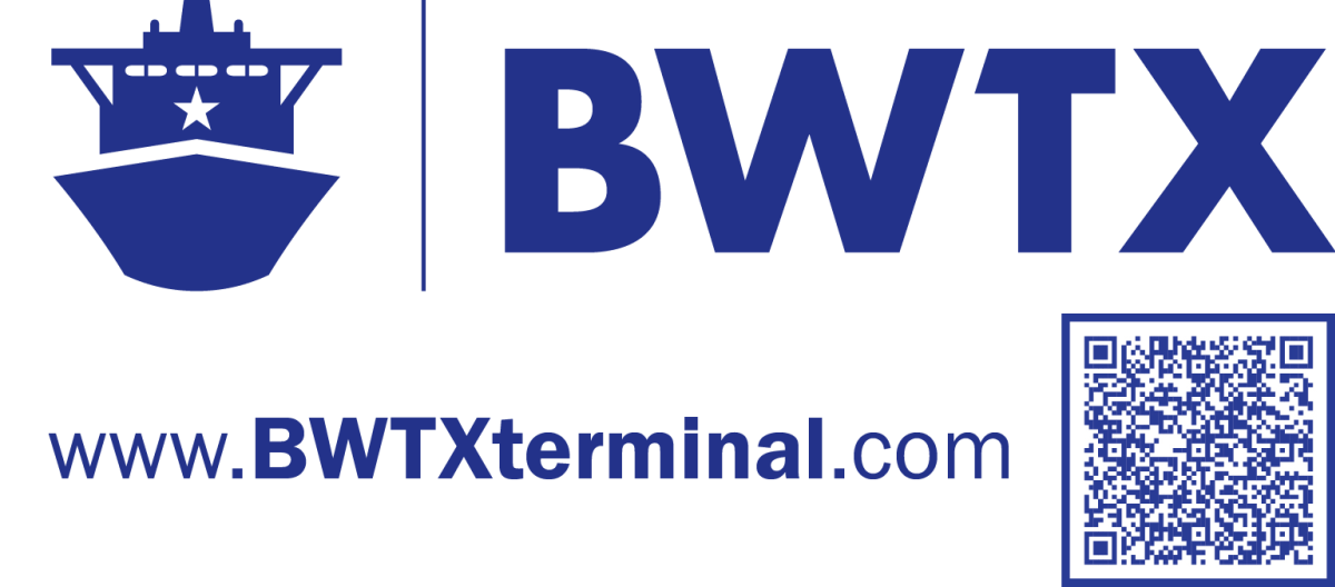 Blue logo on white background. Line drawing of a ship with "BWTX" next to it. Underneath, text reads "www.BWTXterminal.com" next to a QR code.