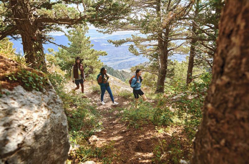Three people hike a trail at the top of the Sandia Mountains