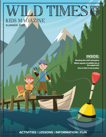 Cartoon Cover of Wild Times with kids fishing off a dock, with the bobber in the foreground. Kids magazine put out by Wyoming Game and Fish