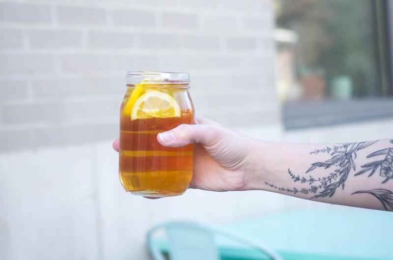 Mason jar of tea from Crumble Coffee & Bakery In Bloomington, IN