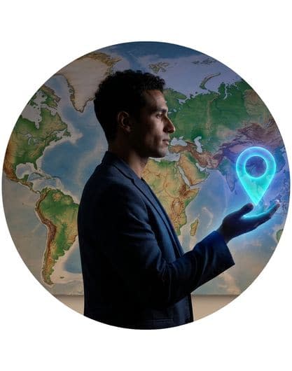 Person presenting a digital location pin over a world map, symbolizing AI-driven destination discovery and improved online visitor engagement.