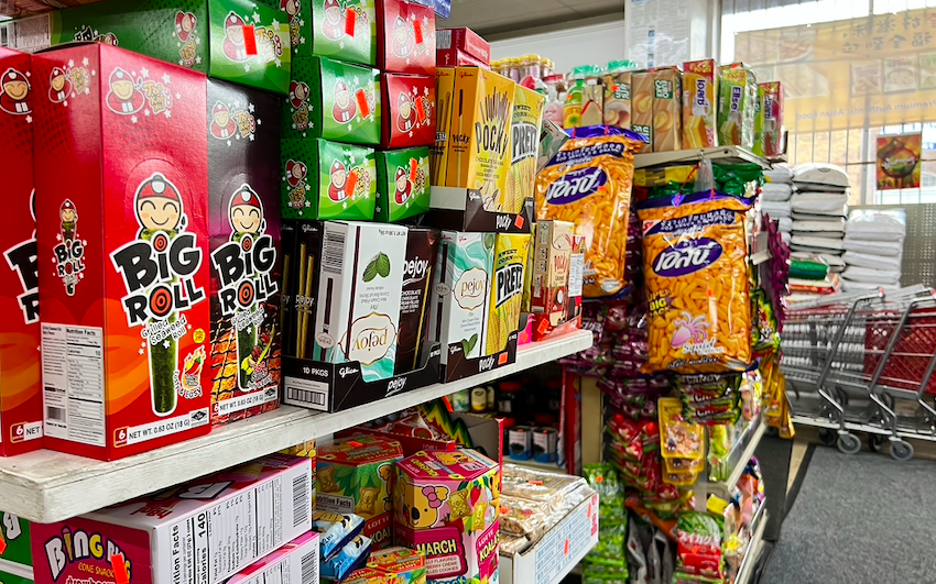 groceries on shelves at a burmese grocery store