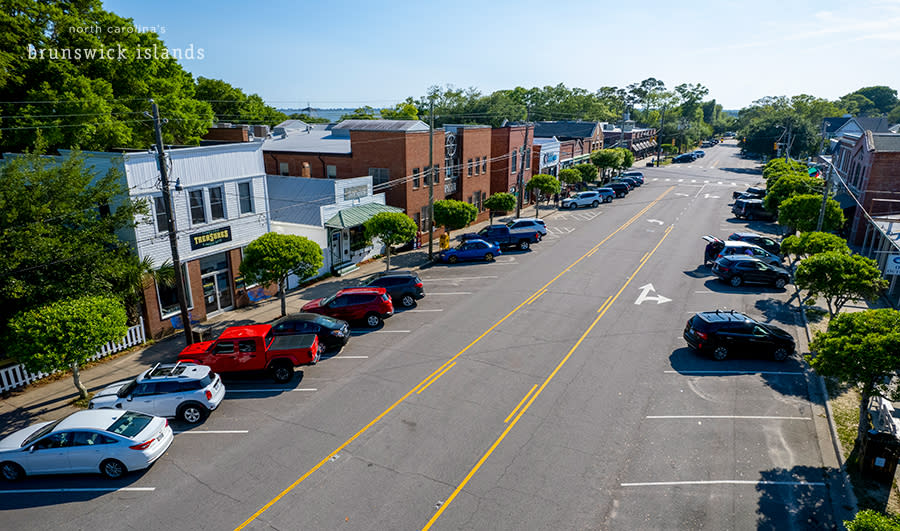 an aerial photo of Moore St. and businesses in Southport, NC