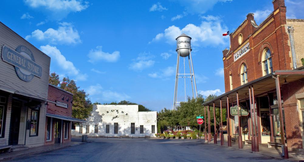 Gruene streetview with water tower and Gruene Hall