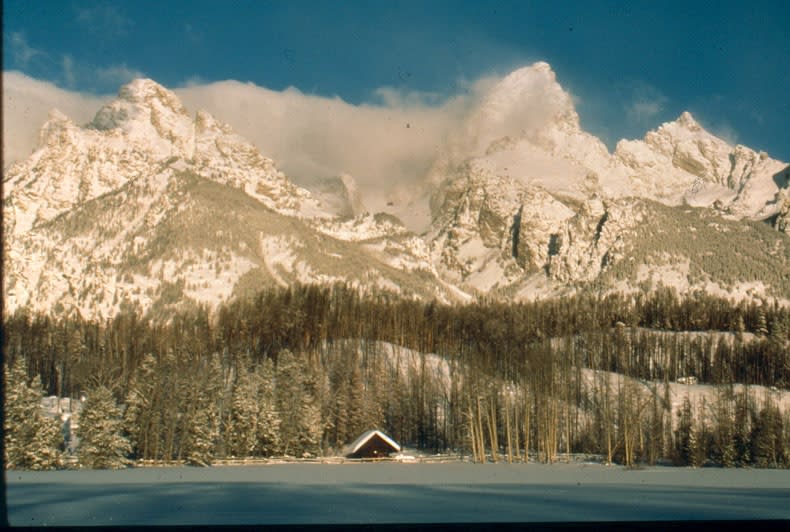 Tetons with Cabin in Winter