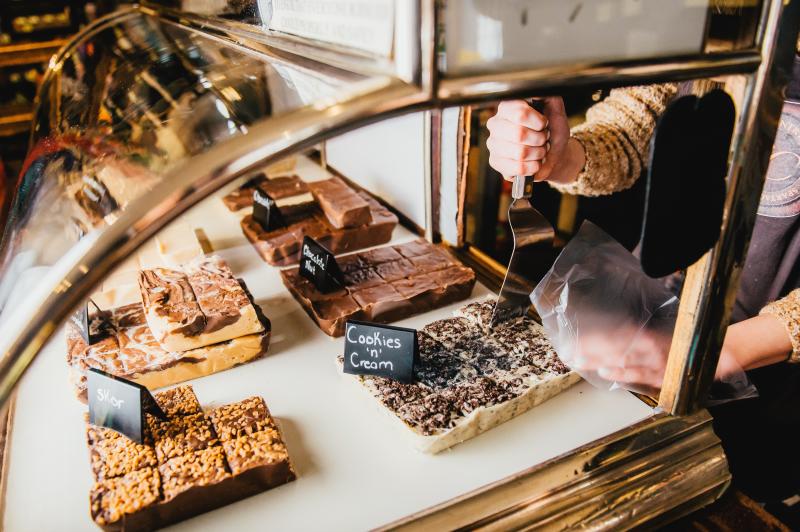 chocolate fudge being served