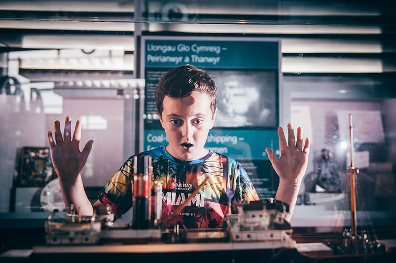 A boy looking into a glass case in a museum.