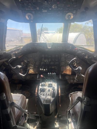 Inside view from the cockpit of Vickers Viscount showing the control dashboard