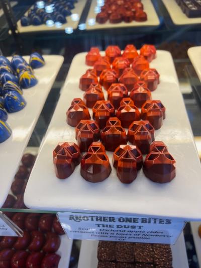 Small chocolates shaped like skulls at Pizzelle's Confections