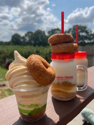 Apple cider drinks topped with donuts at Scotts Orchard