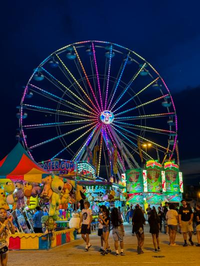 ferris wheel lit up pink, blue, green, and yellow one night at the York State Fair