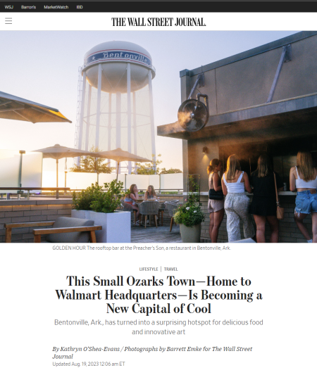A screenshot of The Wall Street Journal reading This Small Ozarks Town - Home to Walmart Headquarters - Is Becoming a New Capital of Cool