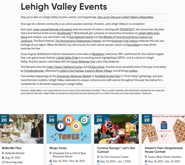 A screenshot of Lehigh Valley's events page