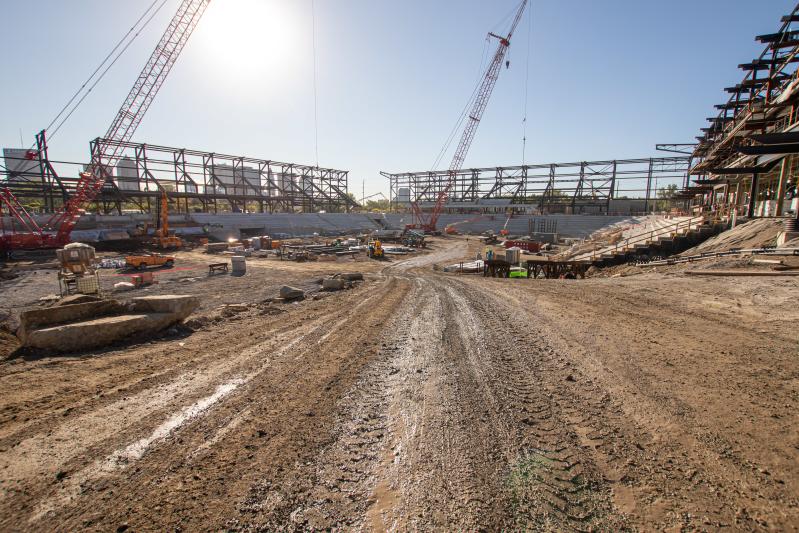 Construction at the building of Columbus Crew SC's new downtown stadium in the Arena District