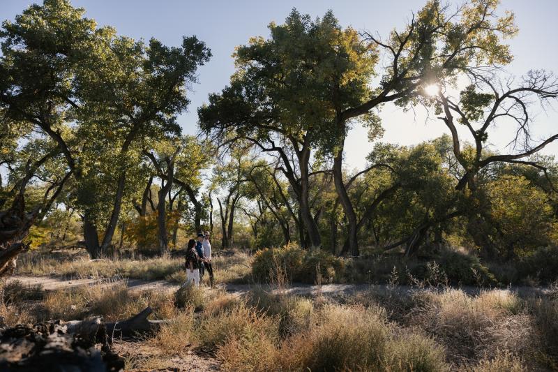 Two people walk down a dirt path surrounded by Cottonwood trees in the bosque.