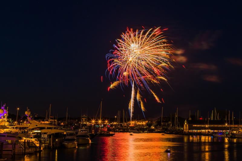 Red and blue fireworks over Annapolis Harbor