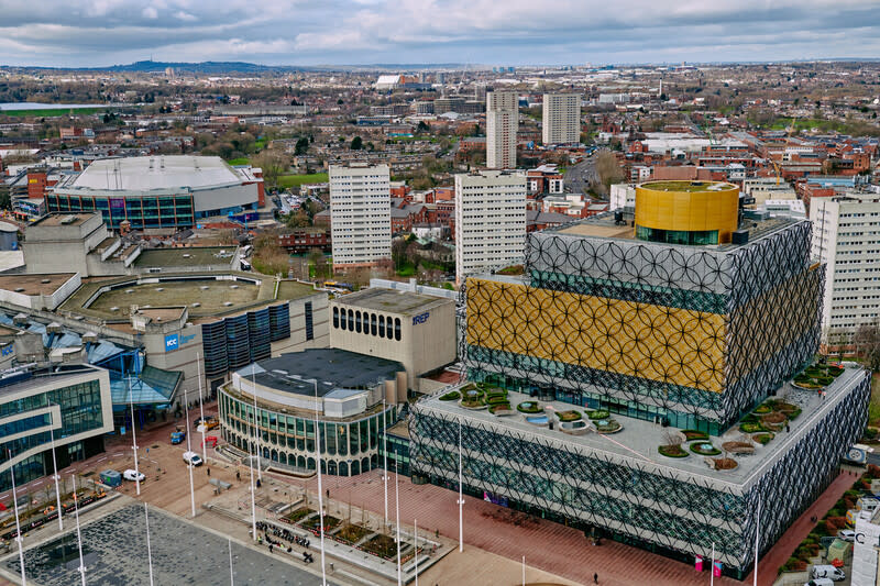 Birmingham Library and Centenary Square seen from above