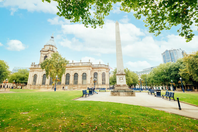 St Philip's Cathedral in Colmore Row in Birmingham. It is situated in its own green park area