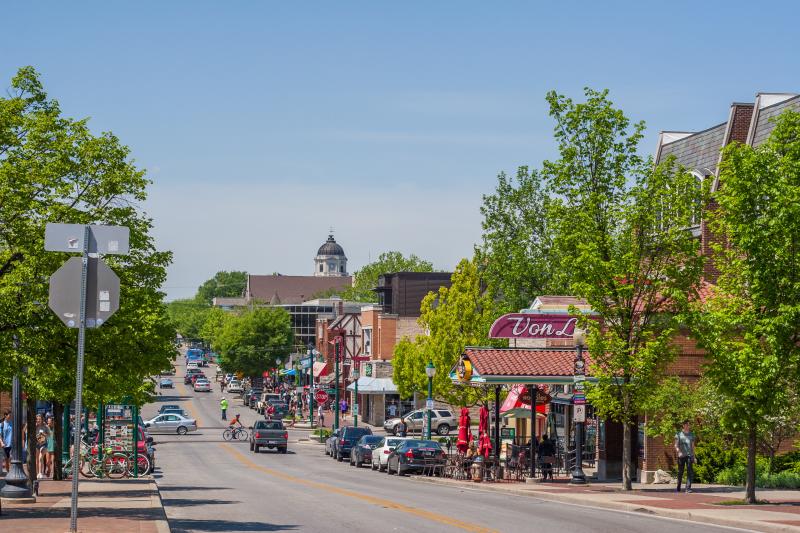 Downtown Bloomington view of Kirkwood Avenue in the spring