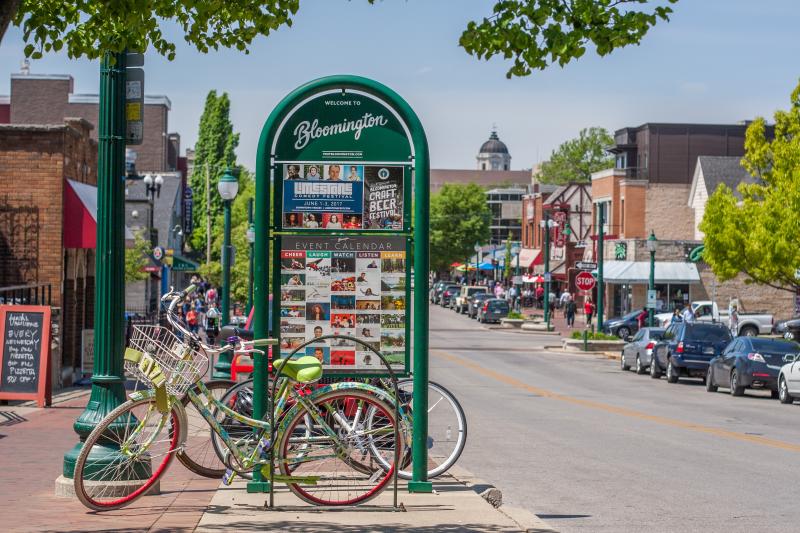 Visit Bloomington kiosk and bikes during spring